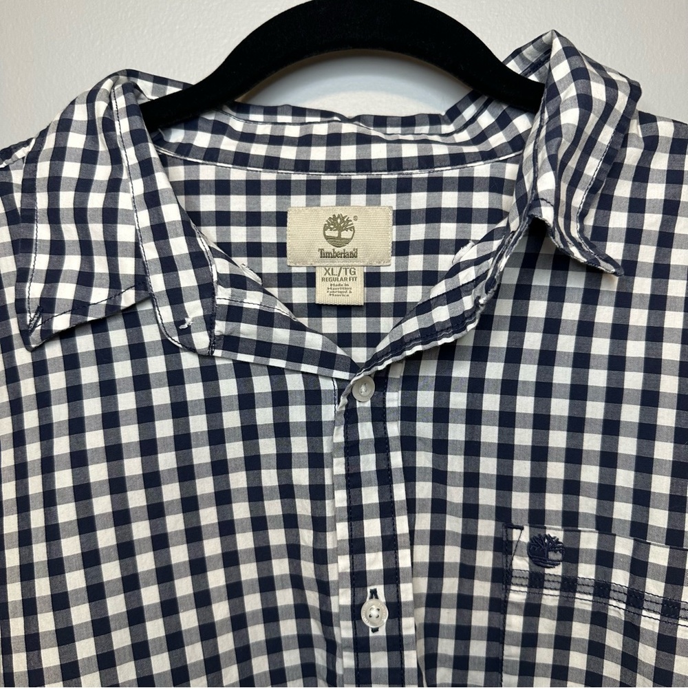 Timberland Men’s navy blue gingham long sleeve button down | XL
